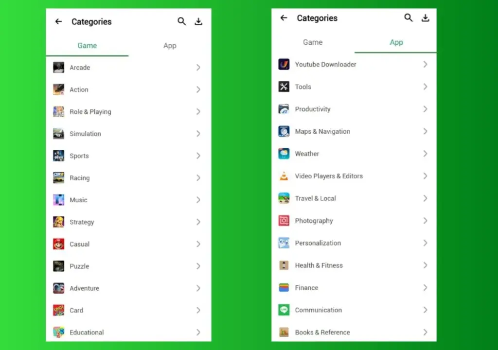 App and game categories