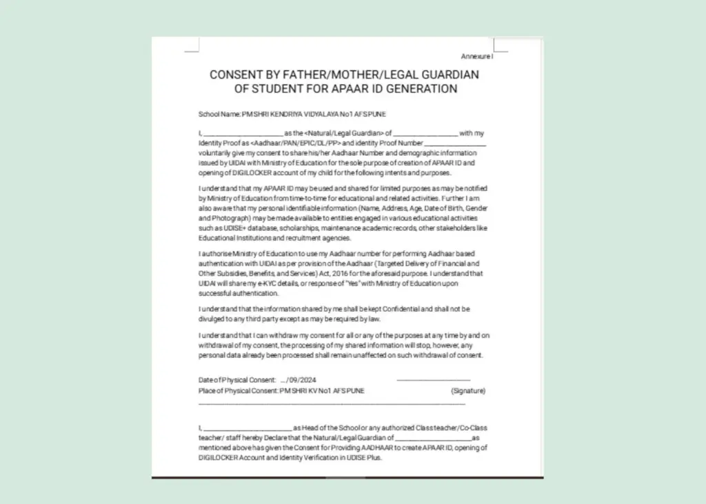 Apaar id Card Download (full form, login online) 2025 9 fill the consent form